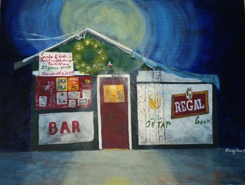 Snake and Jake's Christmas Club Lounge by Cheryl Anne Grace | Acrylic on 1 1/2 Snake and Jake's Christmas Club Lounge